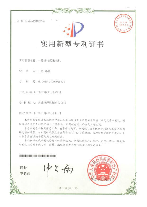 燃?xì)獗谆C專利證書 (1)